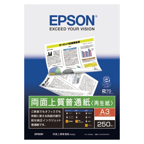他サイト： エプソン 両面上質普通紙[再生紙]250枚 KA3250NPDR 00072999 【北海道・沖縄・離島配送不可】の商品画像