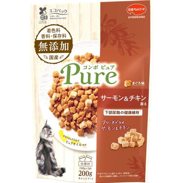 他サイト： 日本ペットフード コンボ ピュア キャット まぐろ味・サーモン&チキン添え 200g 猫用フード 【北海道・沖縄・離島配送不可】の商品画像