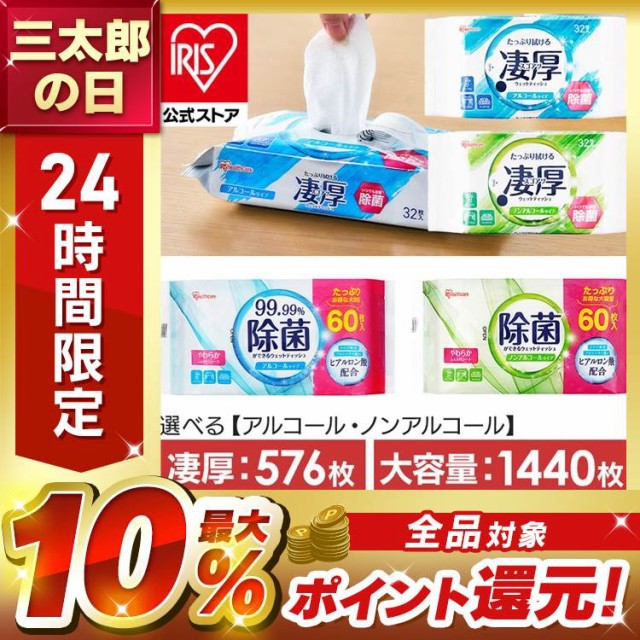 ウェットティッシュ アルコール ノンアルコール [1,440枚/576枚] 純水 アイリスオーヤマ 除菌ができるウェットティッシュ WTS-60 凄厚 WT
