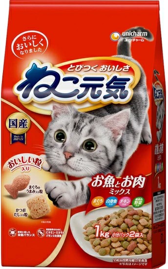 他サイト： ユニチャーム ねこ元気 お魚とお肉ミックス まぐろ・白身魚・チキン・野菜入り 1kgの商品画像