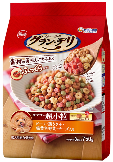 他サイト： ユニチャーム グランデリ ふっくら仕立て 食べやすい超小粒 ビーフ・鶏ささみ・緑黄色野菜・チーズ入り 750gx9個(ケース販売の商品画像
