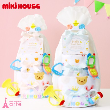 Mikihouse おむつケーキ 男の子 女の子 ベビーギフト ベビーシャワー ガーゼタオル 歯がため おもちゃ付 ミキハウス3段 オムツケーキ の通販はau Pay マーケット おむつケーキの店ベビーアルテ