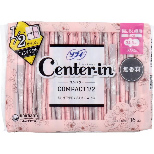 他サイト： ソフィ センターイン コンパクト1/2 特に多い昼用 スリム ハネつき 無香料 16個入の商品画像