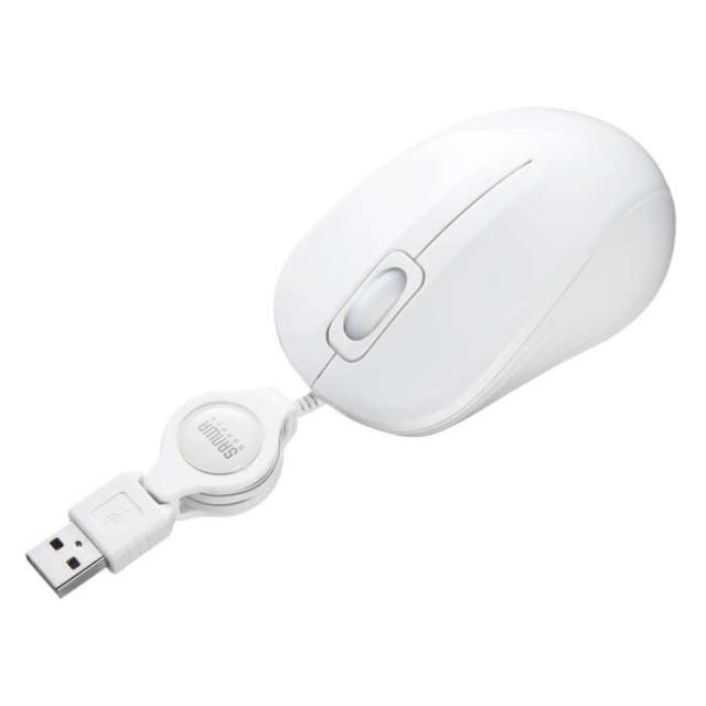 他サイト： 代引不可 抗菌・静音有線巻取りブルーLEDマウス ホワイト USB A接続 ケーブル巻き取り 有線マウス サンワサプライ MA-の商品画像