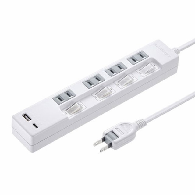 他サイト： 即納 代引不可 電源タップ USB充電機能付きタップ USB A/Type-Cポート搭載 2P 4個口 2m 絶縁キャップ付スイの商品画像