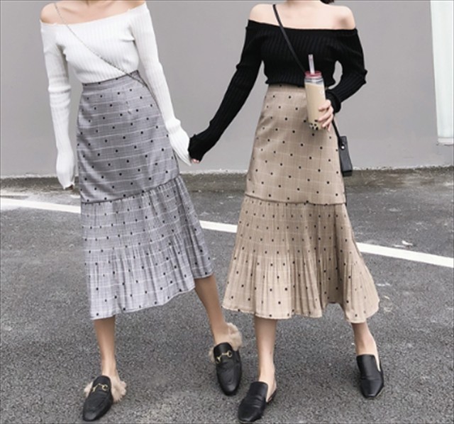ドット柄 グレンチェック スカート 韓国 ファッション カジュアル ガーリー 服 プリーツ ロングスカート きれいめ 大人