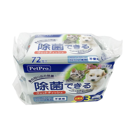他サイト： ペットプロジャパン【ペット用品】除菌できるウェットティッシュ 72枚入×3P P-4981528626131の商品画像