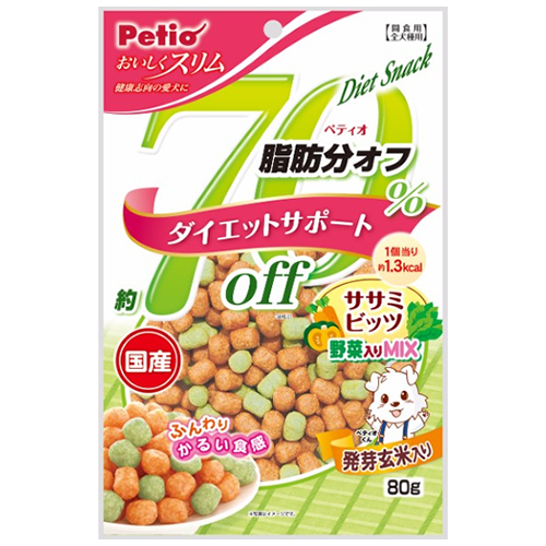 他サイト： ペティオ【ペット用品】おいしくスリム 脂肪分約70%オフ ササミビッツ 野菜入りミックス 80g 犬用おやつ P-4903588の商品画像