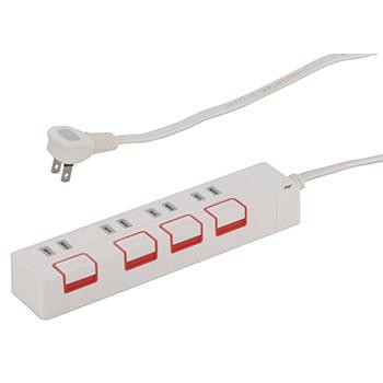 他サイト： オーム電機 4個口 押しボタンスイッチ付き雷ガード節電タップ 1.5m 1500Wまで 00-1187 HS-K1187Wの商品画像