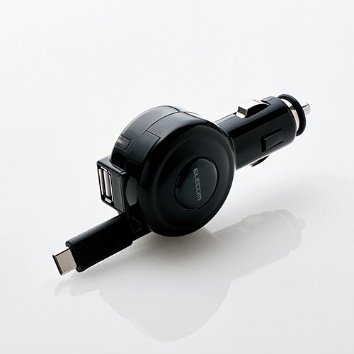 他サイト： エレコム MPA-CCC04BK シガーチャージャー リールタイプ 車載充電器(3A・巻取りType-C&USB) ブラックの商品画像