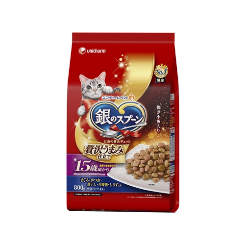 他サイト： ユニ・チャーム  銀のスプーン贅沢うまみ仕立て 腎臓の健康維持用15歳が近づく頃からお魚づくし  800g の商品画像