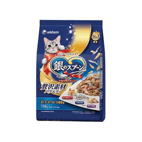 他サイト： ユニチャーム 銀のスプーン 贅沢素材バラエティ まぐろ・かつお・白身魚味に天然小魚・かつお節・まぐろ味フレーク添え 750gの商品画像