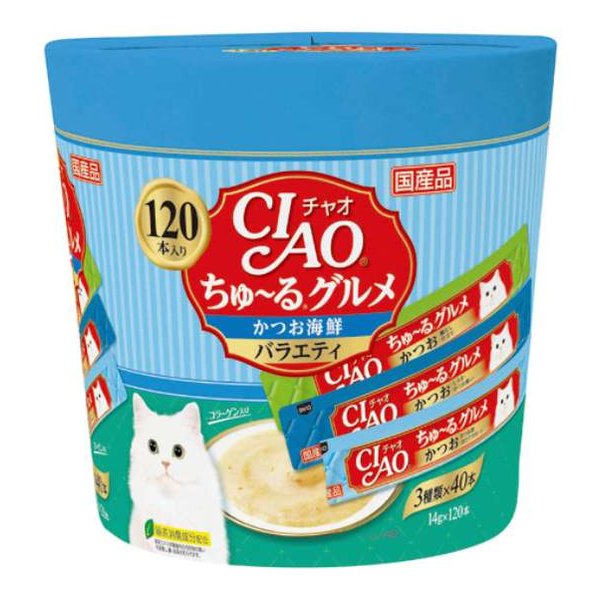 他サイト： いなばペットフードCIAO ちゅ〜るグルメかつお海鮮バラエティ 14g×120本 チュールカツオカイセンバラエティ14X120(の商品画像