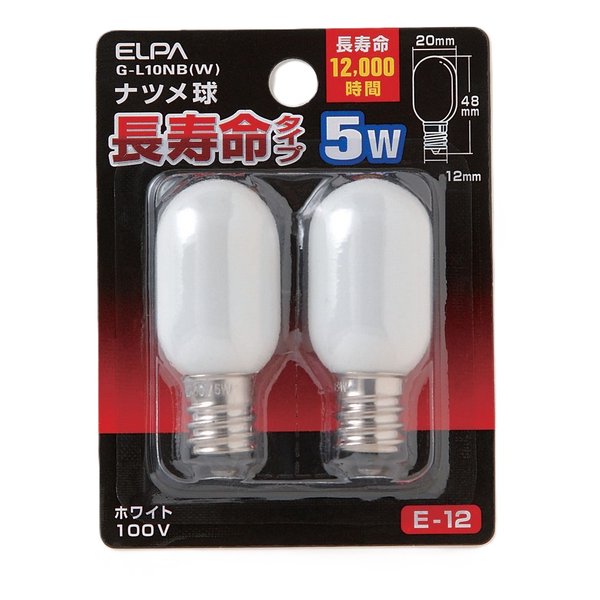 他サイト： ELPA エルパナツメ球 5W/口金E12/ホワイト/2個入 G-L10NB W(2662015)代引不可の商品画像