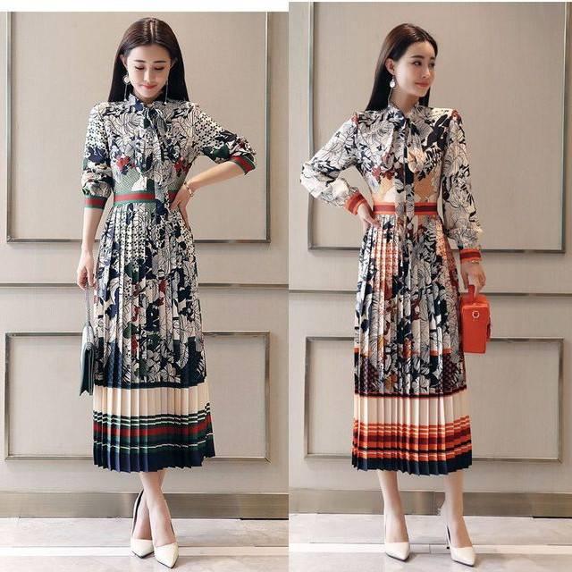 韓国 オルチャン ワンピース 花柄 レトロ プリーツ ワンピース ミモレ丈 長袖 リボンタイ 秋 Aライン ハイウエストの通販はau Pay マーケット Happy Toon Wowma店 商品ロットナンバー