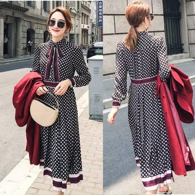 韓国 オルチャン ワンピース レトロ チェック リボン モノトーン ひざ丈 ワンピース プリーツ 長袖 ハイウエスト ドレス の通販はau Pay マーケット Happy Toon Wowma店 商品ロットナンバー