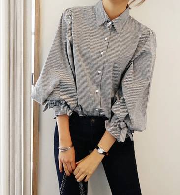 ストライプ シャツ ボリューム袖 袖コン バルーンスリーブ リボン 七分袖 襟付き コットン ブラウス トップス レディースの通販はau Pay マーケット Sayurio