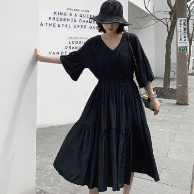 黒 シャーリング ワンピース レディース ギャザー 無地 ティアードスカート 袖あり 七分袖 春 夏 秋 マキシ丈 ゆったり シンプル Vネックの通販はau Pay マーケット Solare Shop