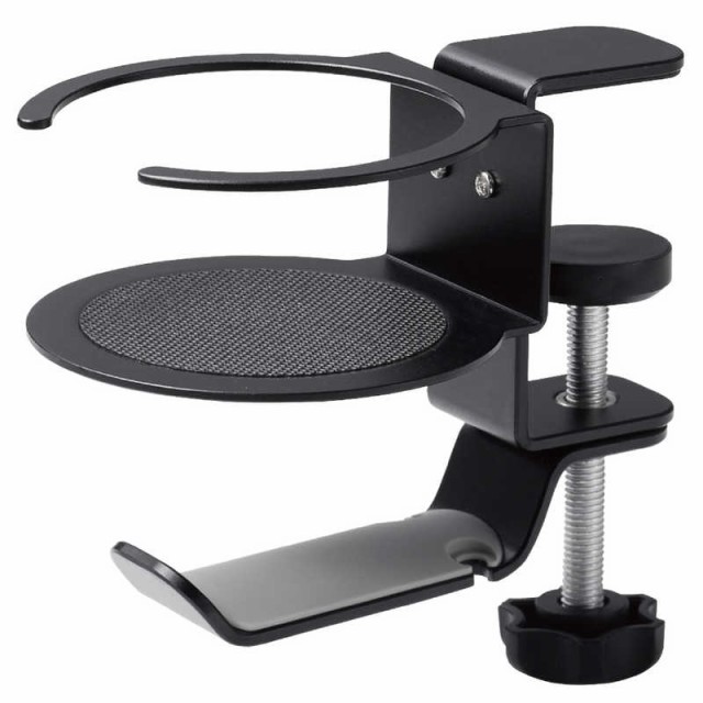 他サイト： エレコム ELECOM ヘッドホンスタンド クランプ式 360度回転 ドリンクホルダー付 ブラック HP-DSDSKDBKの商品画像