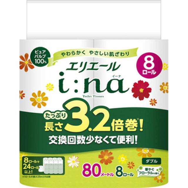 他サイト： 大王製紙 elleair(エリエール)i:na(イーナ)トイレットティシュー 3.2倍巻 ダブル 8ロール の商品画像