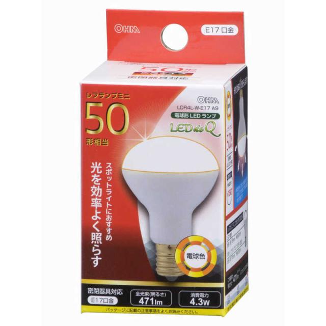 他サイト： オーム電機 LED電球 ミニレフ形 LEDdeQ ホワイト [E17/電球色/50W相当/レフランプ形] LDR4L-W-E17の商品画像