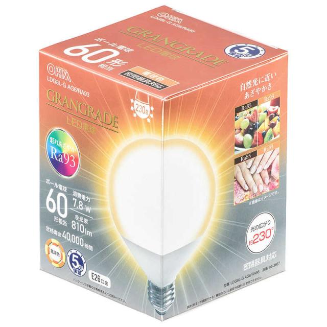 他サイト： オーム電機 LED電球 ボール電球形 E26 60形相当 電球色 LDG8L-GAG6/RA93の商品画像