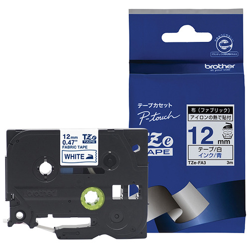 他サイト： ブラザー TZe-FA3  ラベルライターピータッチ用 布テープ(ファブリックテープ) 白テープ 青文字 幅12mm 長さ3mの商品画像