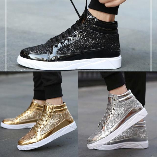 メンズ スニーカー 黒 金 銀 ダンスシューズ ハイカット ラメ