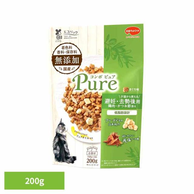 他サイト： キャットフード ドライ コンボ ピュア 猫 キャット 避妊・去勢後用 まぐろ味 鶏肉・かつお節添え 200g 小分け 小粒 子猫の商品画像