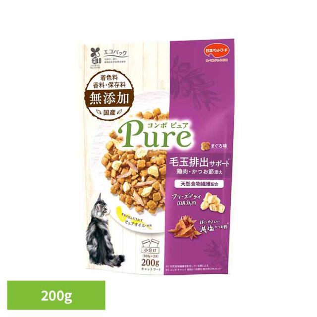 他サイト： キャットフード ドライ コンボ ピュア 猫 キャット 毛玉排出サポート まぐろ味 鶏肉・かつお節添え 200g 小分け 小粒 成の商品画像