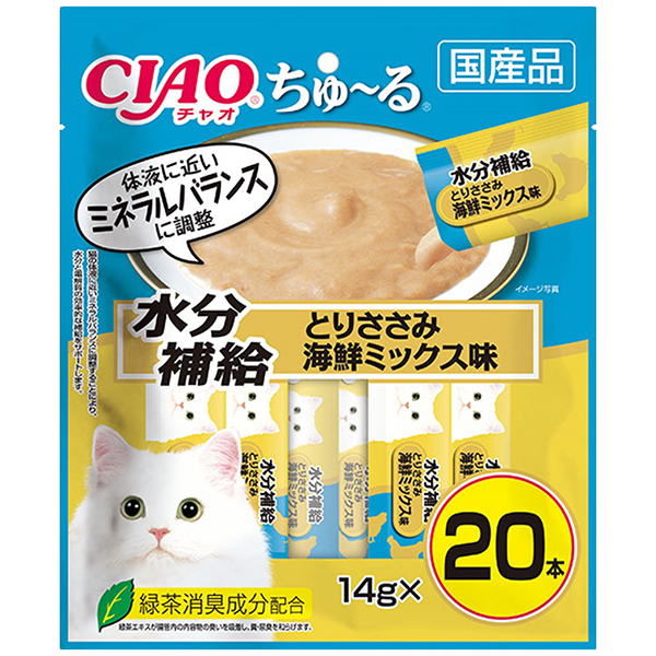 他サイト： CIAO ちゅ〜る 水分補給 とりささみ 海鮮ミックス味 14g×20本 いなばペットフードの商品画像