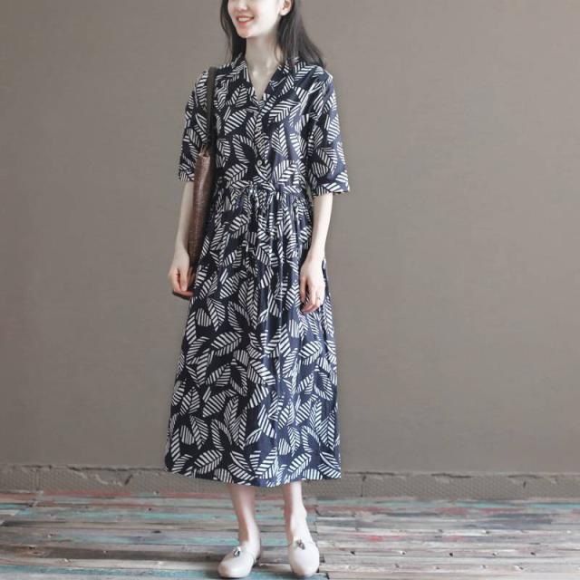 レディース Vネック ロングワンピース レトロ 柄付き 五分袖 リラックス ウエストマーク 春夏 の通販はau Wowma ワウマ Na Store Au Wowma 店 商品ロットナンバー
