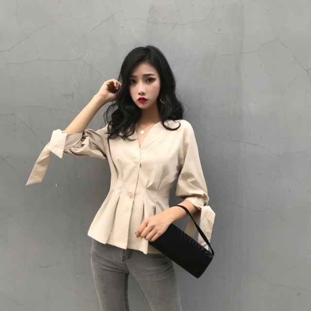 ペプラム トップス ベージュ/ホワイト 春服 レディース シャツ