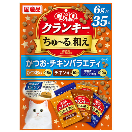 他サイト： いなば CIAO クランキー ちゅ〜る和え かつお・チキンバラエティ 6g×35袋入 P-465 キャットフード ドライフード の商品画像