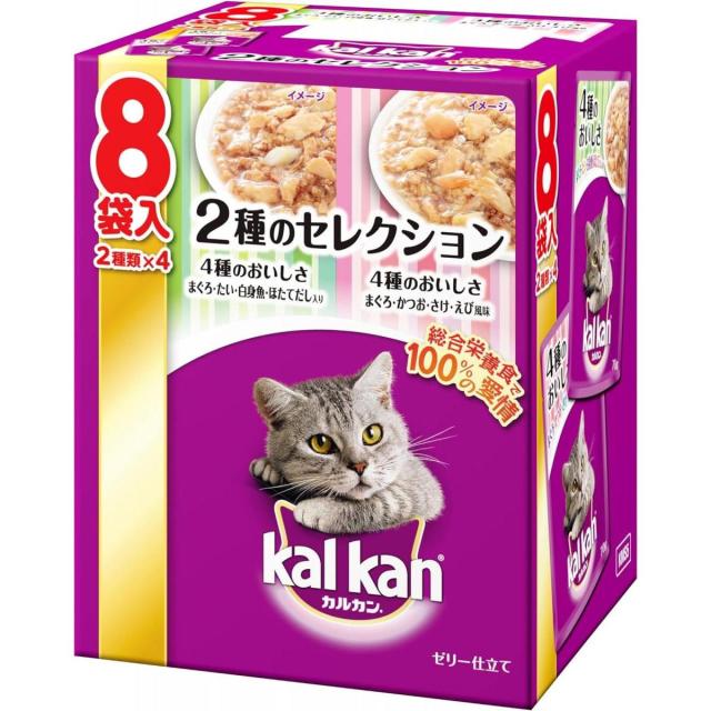 他サイト： カルカン キャットフード パウチ まぐろ・たい・白身魚・ほたてだし入り 4種のおいしさ まぐろ・かつお・さけ・えび風味 成猫用 の商品画像