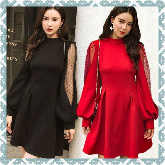 即納 ミニドレス 結婚式 パーティードレス 二次会 ミニ ドレス 長袖 ワンピース 透け感 バックリボン ドット フレア 美脚の通販はau Pay マーケット Happy Dress Wowma店 商品ロットナンバー