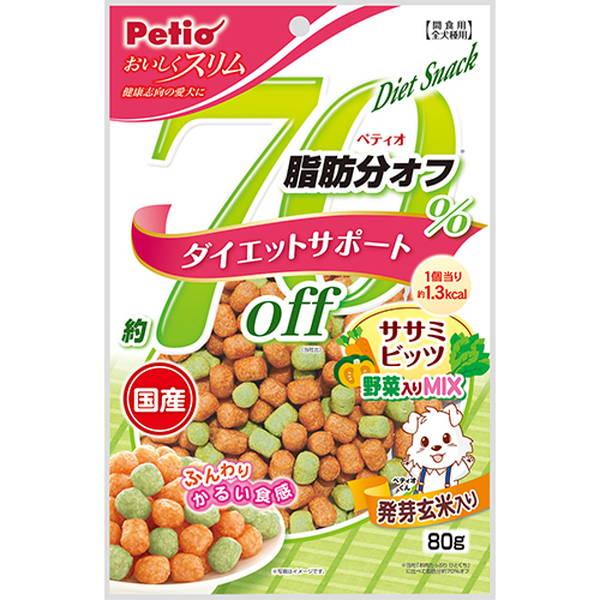 他サイト： ペティオ おいしくスリム 脂肪分約70%オフ ササミビッツ 野菜入りミックス 80g 国産 日本製 犬用おやつ ジャーキー イヌの商品画像