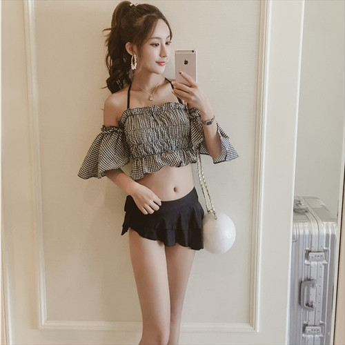 水着 夏 海 プール ビキニ チェック フリル 袖付き しぼり スカート アシンメトリ 足長 美脚 大人可愛い スイムウェア ツーピース 体型カの通販はau Pay マーケット Urubei ウルベイ Au Pay マーケット店