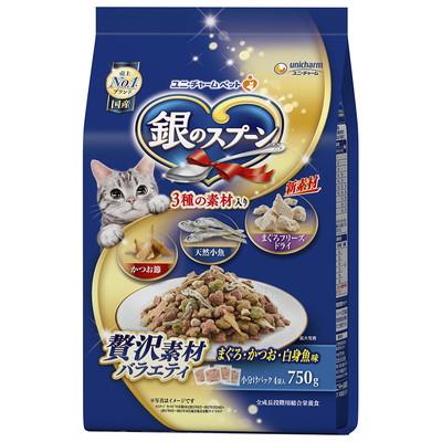 他サイト： ユニ・チャーム 銀のスプーン 贅沢素材バラエティ まぐろ・かつお・白身魚味 750g ペット ※取寄商品 賞味期限:3ヵ月以上の商品画像