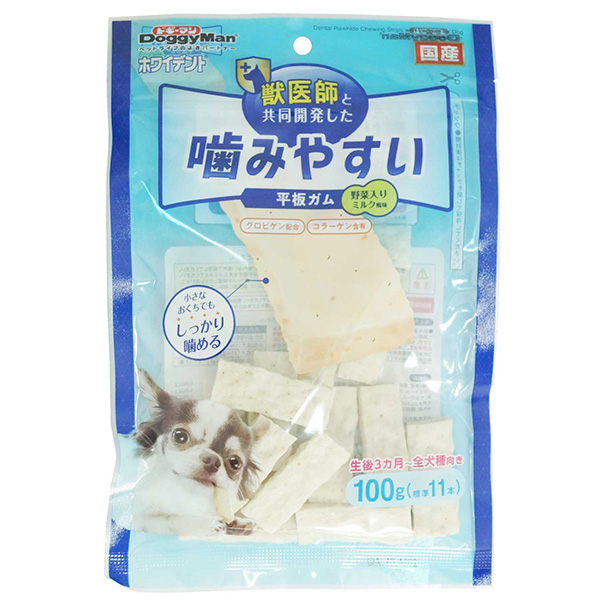 他サイト： ドギーマンハヤシ:ホワイデント 噛みやすい平板ガム 野菜入り100g 4976555825039 の商品画像