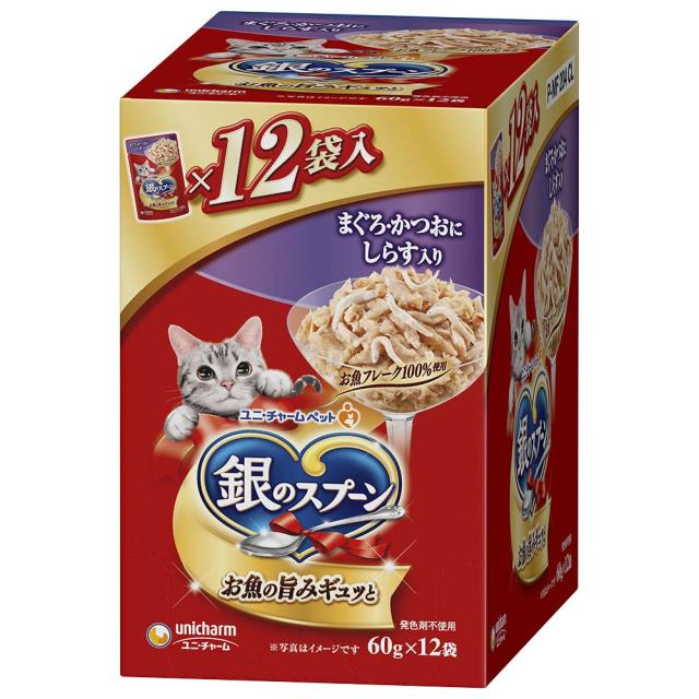 他サイト： ユニ・チャーム  銀のスプーン パウチまぐろ・かつおにしらす入り 60g×12個 の商品画像