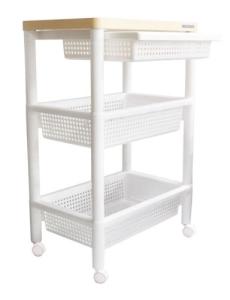 他サイト： 不動技研 ウッドテーブルワゴン 引き出しバスケット付き ホワイト  F-2491の商品画像