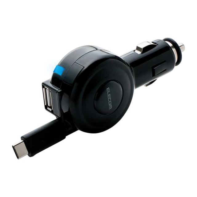 他サイト： エレコム シガーチャージャー Type-C リールタイプ USBポート付 おまかせ充電 60cm 3A ブラックの商品画像