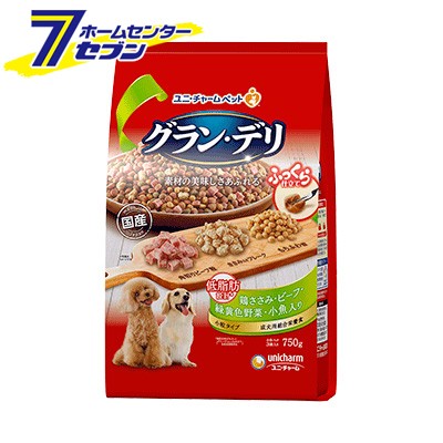 他サイト： グラン・デリ ふっくら仕立て 低脂肪 鶏ささみ・ビーフ・緑黄色野菜・小魚・角切りビーフ粒入り 750g  ユニ・チャームの商品画像