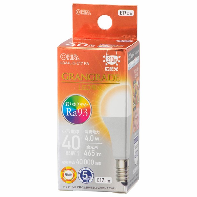 他サイト： LED電球 小形 E17 40形相当 電球色 [品番]06-5557 LDA4L-G-E17 RA オーム電機 [LED電球 直の商品画像