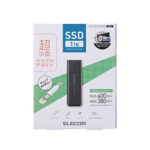 他サイト： エレコム SSD 外付 1TB USB3.2 Gen1 読出最大400MB/秒 超小型 ポータブル キャップ式 耐衝撃 ブラックの商品画像