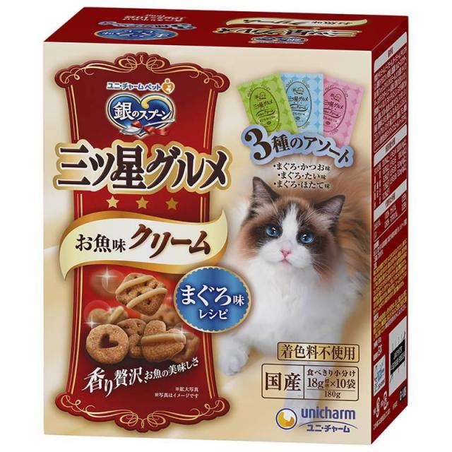 他サイト： 【セット販売】 ユニチャーム 猫 ドライ 銀のスプーン三ツ星グルメお魚味クリームまぐろ味レシピ3種のアソート 180g (×4セの商品画像