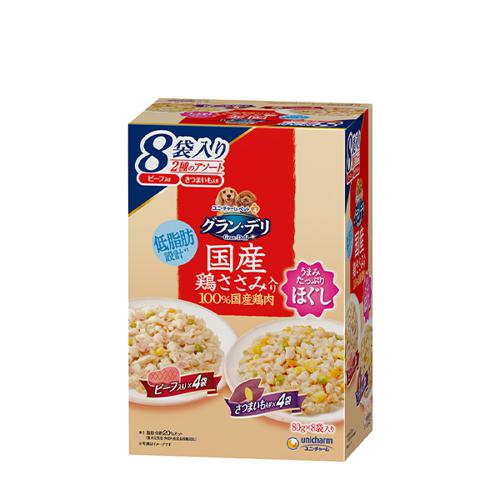 他サイト： グラン・デリ パウチ 国産鶏ささみ入り ほぐし ビーフ&さつまいも 80g×8袋 ユニ・チャームの商品画像