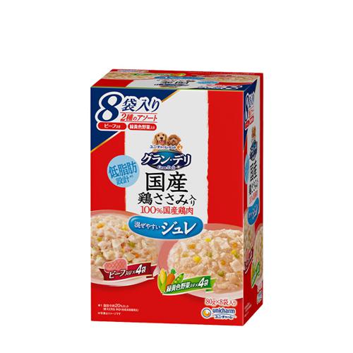 他サイト： グラン・デリ パウチ 国産鶏ささみ入り ジュレ ビーフ&緑黄色野菜 80g×8袋 ユニ・チャームの商品画像