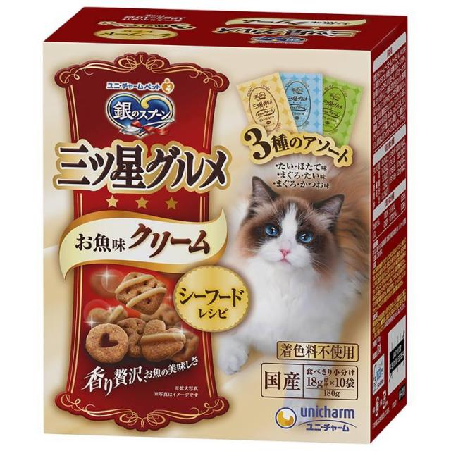 他サイト：  ユニチャーム 猫 ドライ 銀のスプーン三ツ星グルメお魚味クリームシーフードレシピ3種のアソート 180g の商品画像